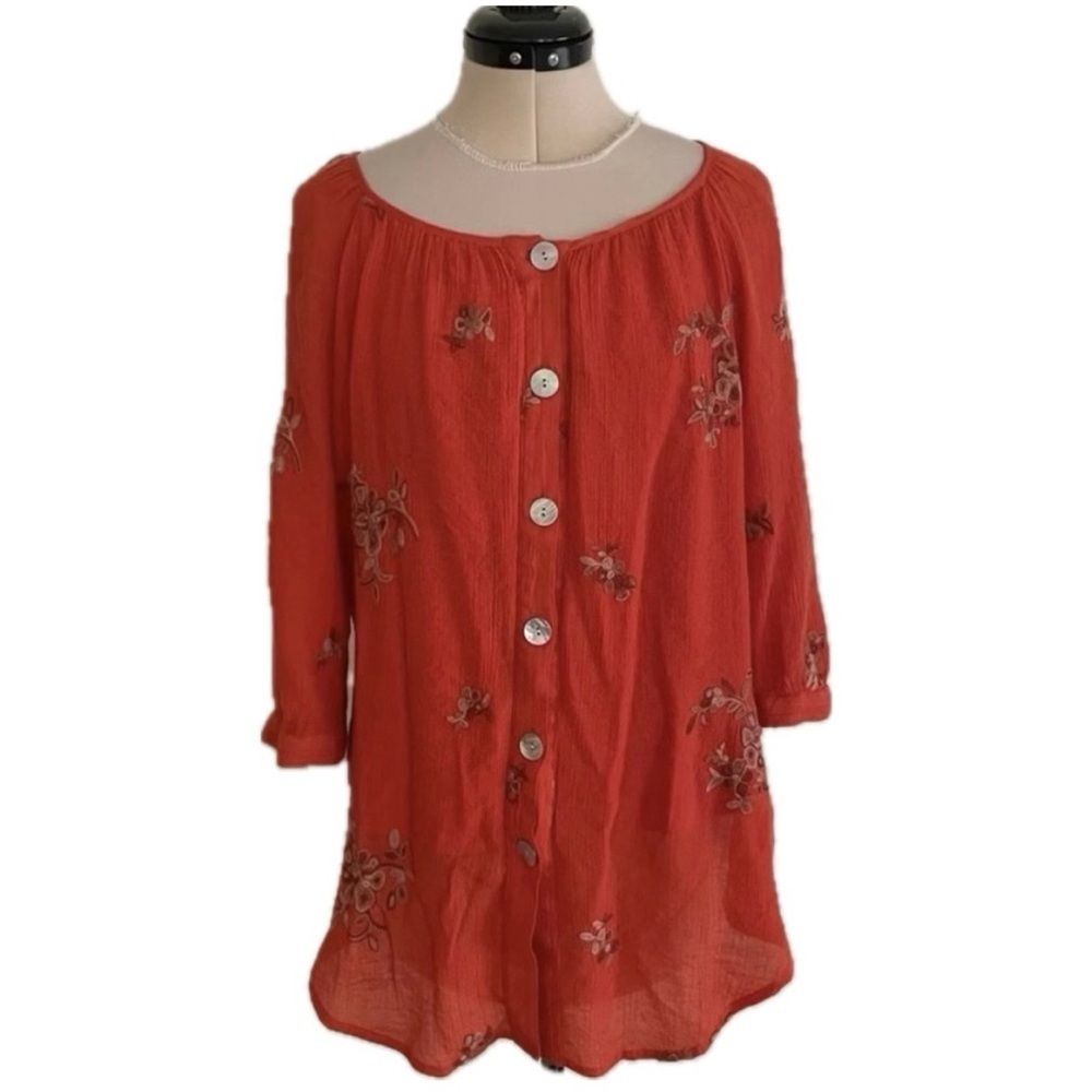 LAST CALL Anthropologie Fig and Flower Boho Top Size 1X Orange Floral Embroidery